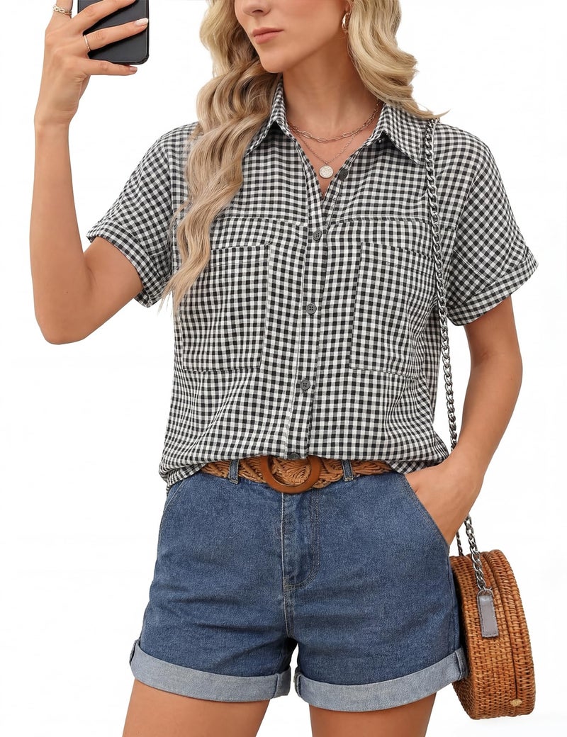 Kistore Button Down Shirts for Women Summer Tops Plaid Short Sleeve Dress Shirts Cotton Loose Casual Work Collared Blouse Black XL - Image 1