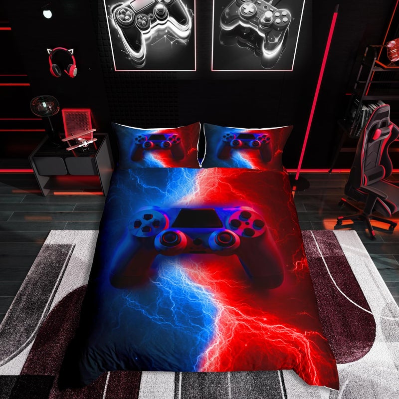 Homewish Gamer Gaming Bedding Sets Double SizeLightnings Gamepad Duvet Cover Video Games Comforter Cover for Kid Teens Boys and girls Man Modern Bedroom Decor 3 Pcs Bedding SetRed Blue