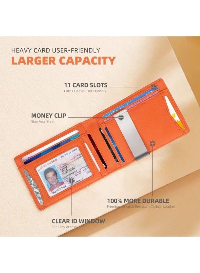 Men’s Slim Wallet Blocking  Leather & Carbon Fiber Card Holder with Money Clip Minimalist Stylish Wallet for Everyday Carry & Gift (Orange) - Image 3