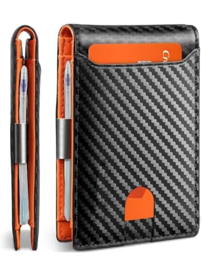 Men’s Slim Wallet Blocking  Leather & Carbon Fiber Card Holder with Money Clip Minimalist Stylish Wallet for Everyday Carry & Gift (Orange) - Image 1