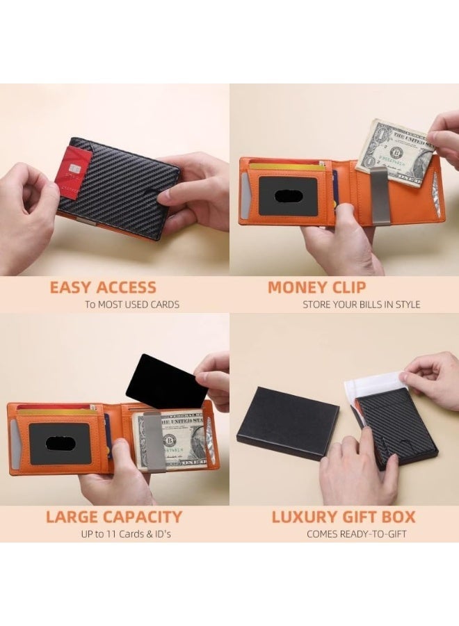 Men’s Slim Wallet Blocking  Leather & Carbon Fiber Card Holder with Money Clip Minimalist Stylish Wallet for Everyday Carry & Gift (Orange) - Image 4