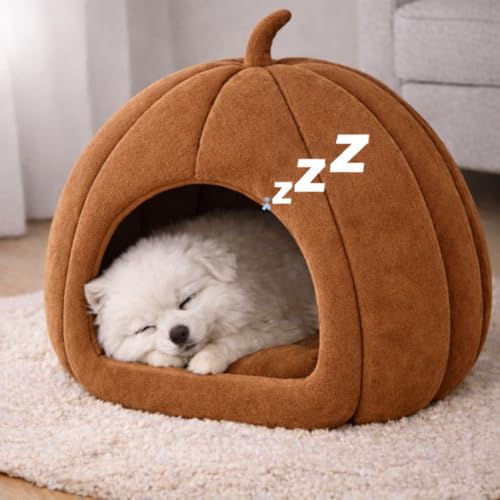 ZEXSAZONE Pumpkin Shape Pet Bed for Dogs & Cats | Soft Plush Fabric Cozy Cave Bed | Cooling Summer Sleeping House with Cushioned Foam & Non-Slip Bottom | Ideal for Small Dogs, Puppies & Cats (Brown) - Image 3