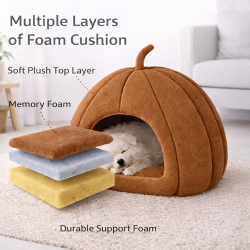 ZEXSAZONE Pumpkin Shape Pet Bed for Dogs & Cats | Soft Plush Fabric Cozy Cave Bed | Cooling Summer Sleeping House with Cushioned Foam & Non-Slip Bottom | Ideal for Small Dogs, Puppies & Cats (Brown) - Image 5