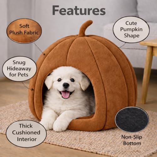 ZEXSAZONE Pumpkin Shape Pet Bed for Dogs & Cats | Soft Plush Fabric Cozy Cave Bed | Cooling Summer Sleeping House with Cushioned Foam & Non-Slip Bottom | Ideal for Small Dogs, Puppies & Cats (Brown) - Image 2
