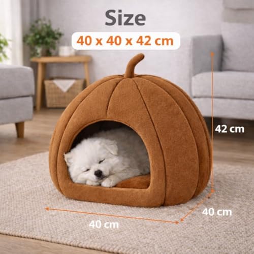 ZEXSAZONE Pumpkin Shape Pet Bed for Dogs & Cats | Soft Plush Fabric Cozy Cave Bed | Cooling Summer Sleeping House with Cushioned Foam & Non-Slip Bottom | Ideal for Small Dogs, Puppies & Cats (Brown) - Image 4