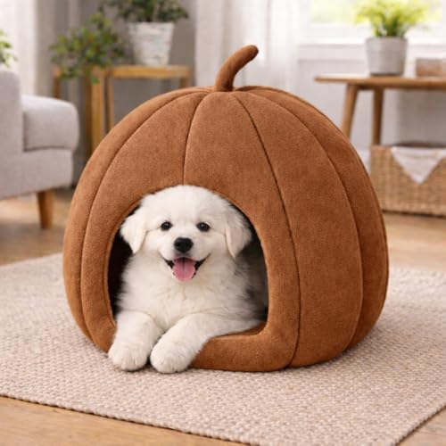 ZEXSAZONE Pumpkin Shape Pet Bed for Dogs & Cats | Soft Plush Fabric Cozy Cave Bed | Cooling Summer Sleeping House with Cushioned Foam & Non-Slip Bottom | Ideal for Small Dogs, Puppies & Cats (Brown) - Image 1