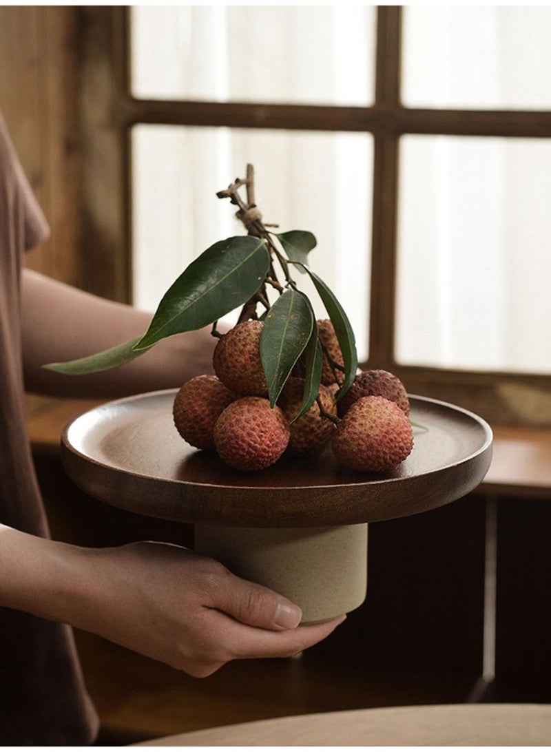 Acacia Wood Tray with Ceramic Base - Dual Layer Snack Plate, Cake Stand, Fruit Bowl - Food-Safe, Durable Serving Platter - Image 1