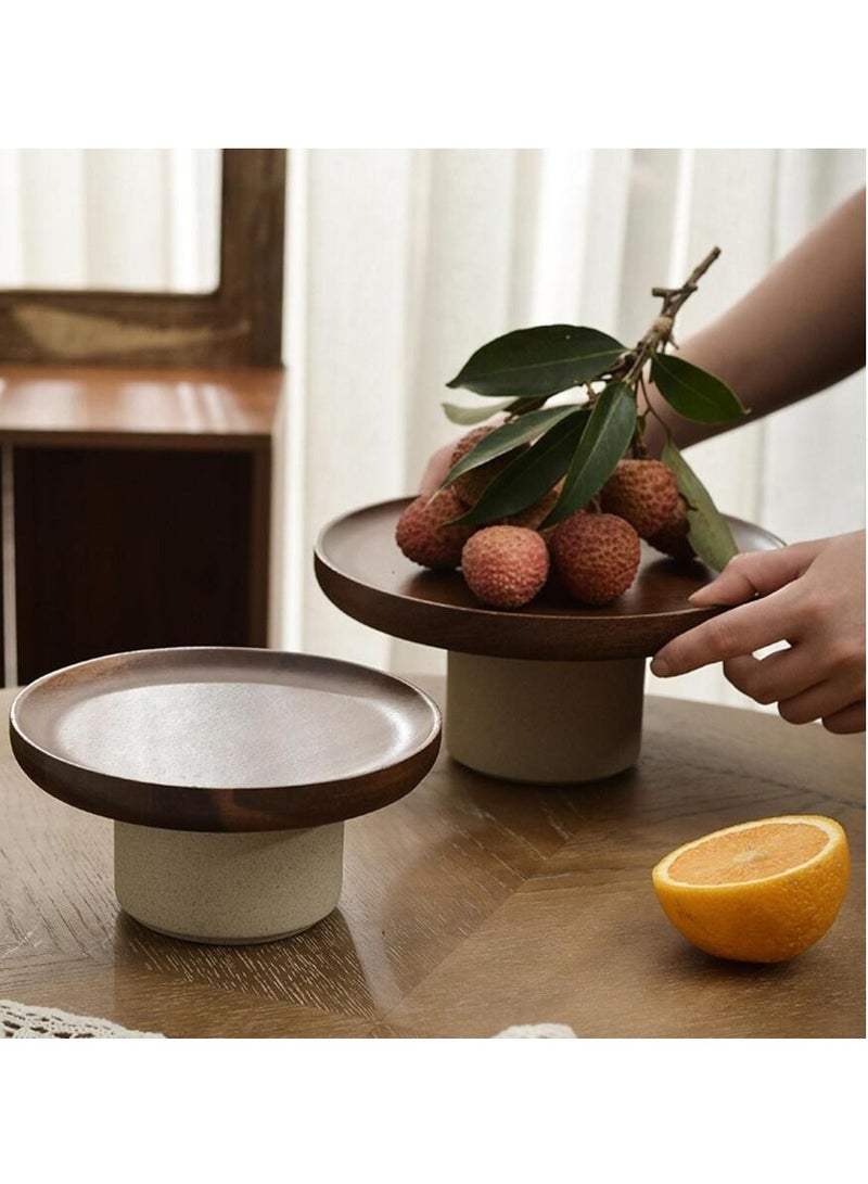 Acacia Wood Tray with Ceramic Base - Dual Layer Snack Plate, Cake Stand, Fruit Bowl - Food-Safe, Durable Serving Platter - Image 3