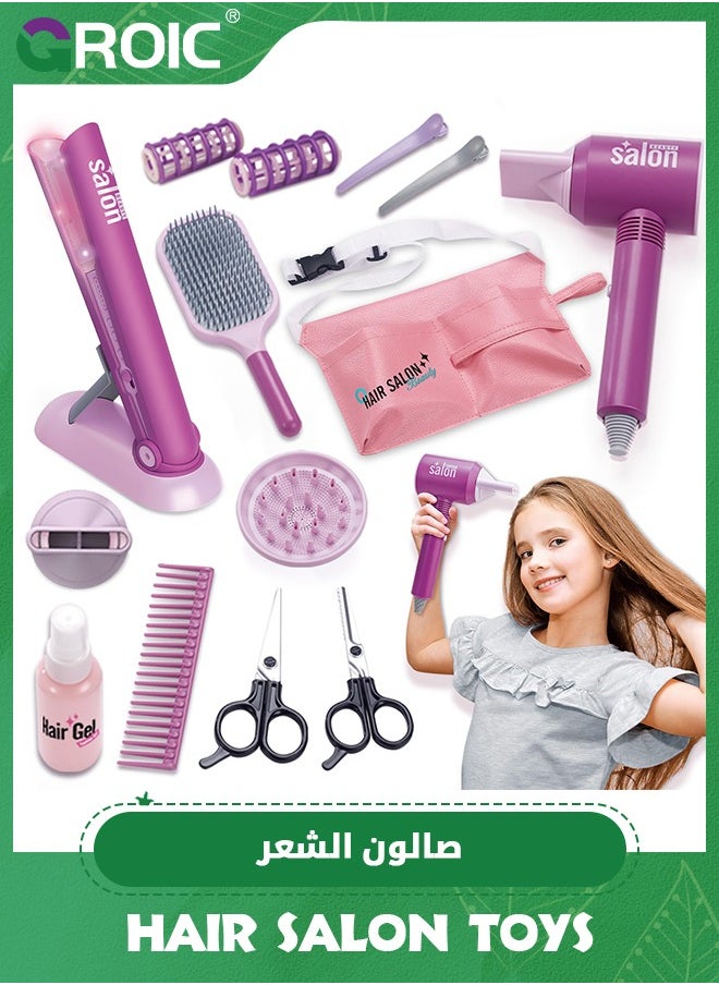 GROIC - 13 PCS Girls Beauty Hair Salon Toy Kit with Hairdryer, Straightener & Styling Accessories, Fashion Pretend Play Doll Stylist Set for Kids,Barber Playset Pretend Play Make Up and Styling Toy Set - Image 1