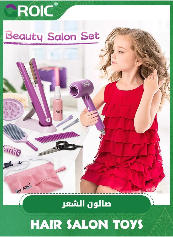 GROIC - 13 PCS Girls Beauty Hair Salon Toy Kit with Hairdryer, Straightener & Styling Accessories, Fashion Pretend Play Doll Stylist Set for Kids,Barber Playset Pretend Play Make Up and Styling Toy Set - Image 1