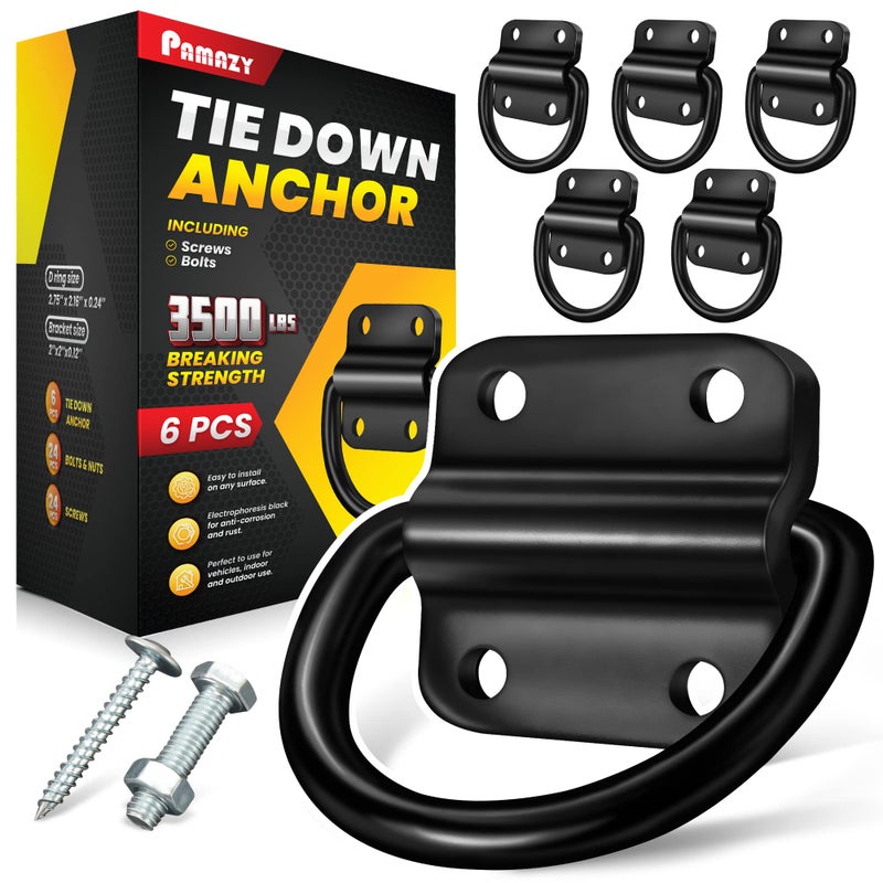 PAMAZY 6PCS Heavy Duty Steel D Rings Tie Down Anchors Ultra Durable 3500 Pound Breaking Strength Surface Mount Hooks Securing Cargo for Trailer Truck Bed with Screws Bolts