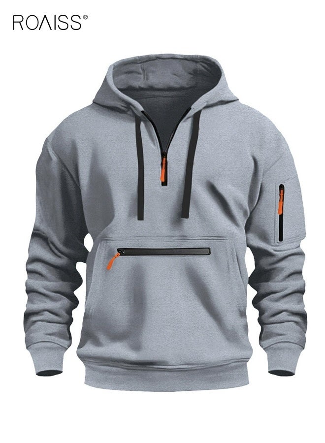 رويس سترة رجالية رمادية بغطاء للرأس وسحاب كاجوال من الصوف وجيوب جانبية وياقة على شكل حرف V وأكمام طويلة ونمط دافئ يومي للسفر والتنقل في الطقس البارد والجامعة يوميًا - Image 1