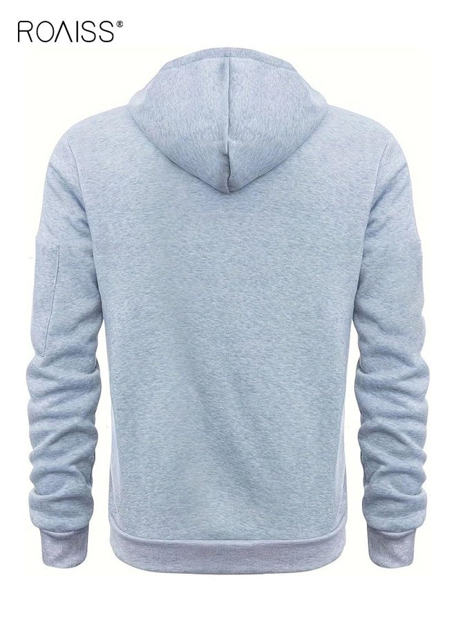 roaiss Mens Gray Hooded Sweatshirt Casual Zip up Fleece Jacket V Neck Long Sleeves Side Pockets Everyday Warmth Style Cold Weather Travel Commutes Everyday Campus - Image 2