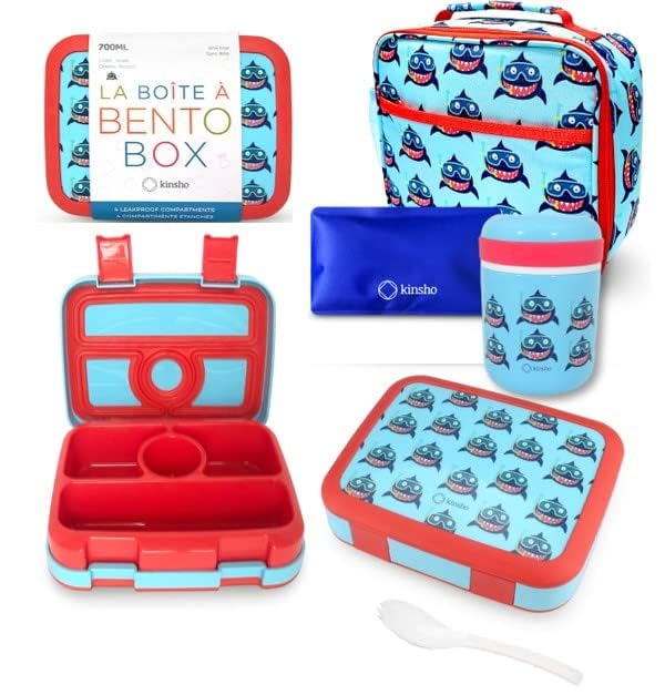 Bento Lunch Box with Thermal Set for Kids 4 Compartment BentoBox Insulated Lunch Bag Stainless Steel Food Jar Baby Blue Shark