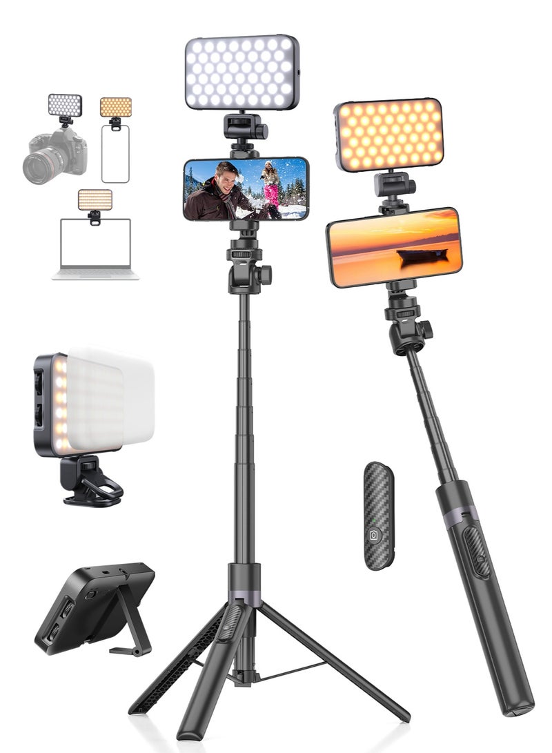 TONEOF 173cm Selfie Stick Tripod Vlogging Kit with 96LED Phone Light, All in 1 Aluminum Extendable Phone Tripod with Wireless Remote, Portable Phone Stand for iPhone/Android/Camera-Black - Image 1