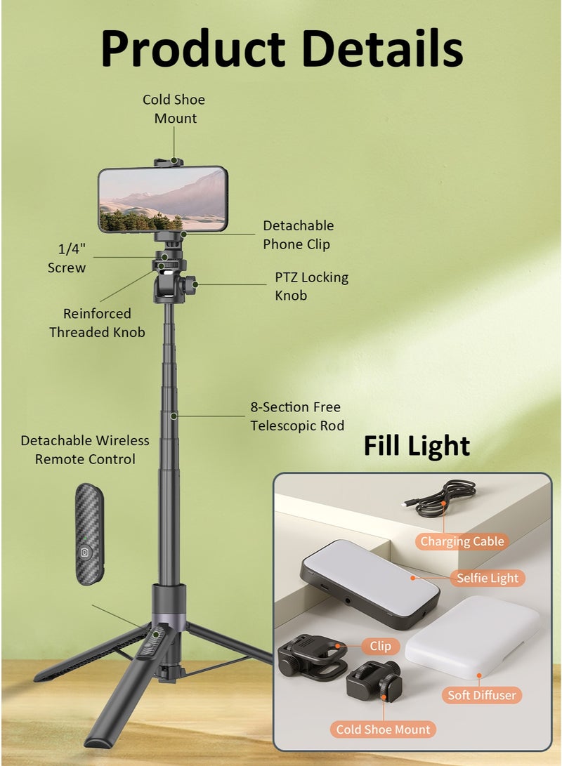 TONEOF 173cm Selfie Stick Tripod Vlogging Kit with 96LED Phone Light, All in 1 Aluminum Extendable Phone Tripod with Wireless Remote, Portable Phone Stand for iPhone/Android/Camera-Black - Image 3