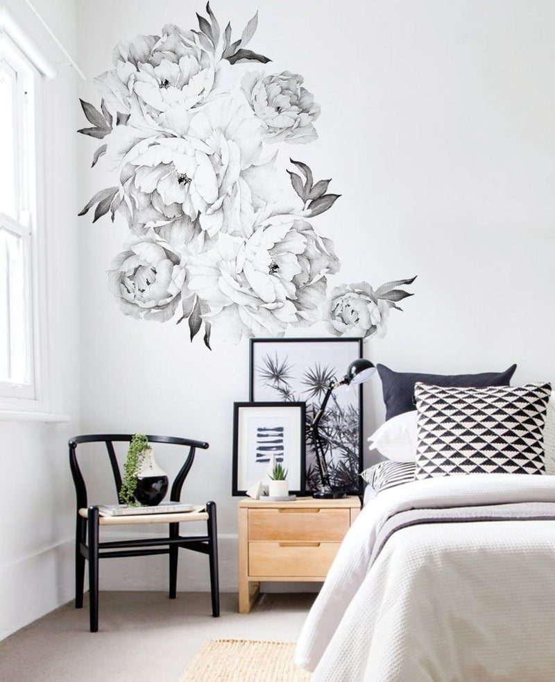 Simple Shapes Peony Flowers Wall Sticker  Black  White  by
