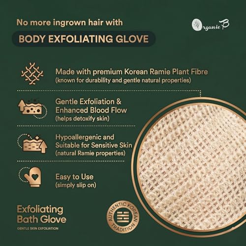 Organic B Natural Exfoliating Bath Glove | Exfoliating Glove for Ingrown Hair & Strawberry Legs | Made with Ramie Fabric | Gently Removes Dead Skin Cells | Suitable for Sensitive Skin (Right Hand) - Image 3