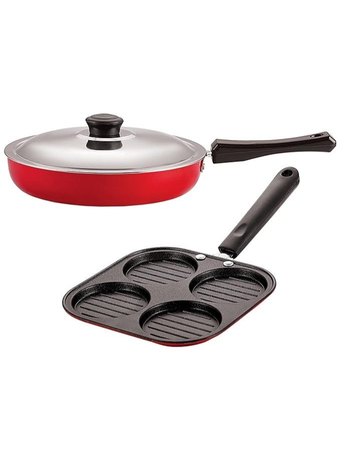 Nirlon Classic Range Aluminium Non-Stick Cookware Set 2 Pieces of Fry Pan with lid -3.2 LTR & Casting Uttapam-4 Cavity (Color-Red) - Image 1