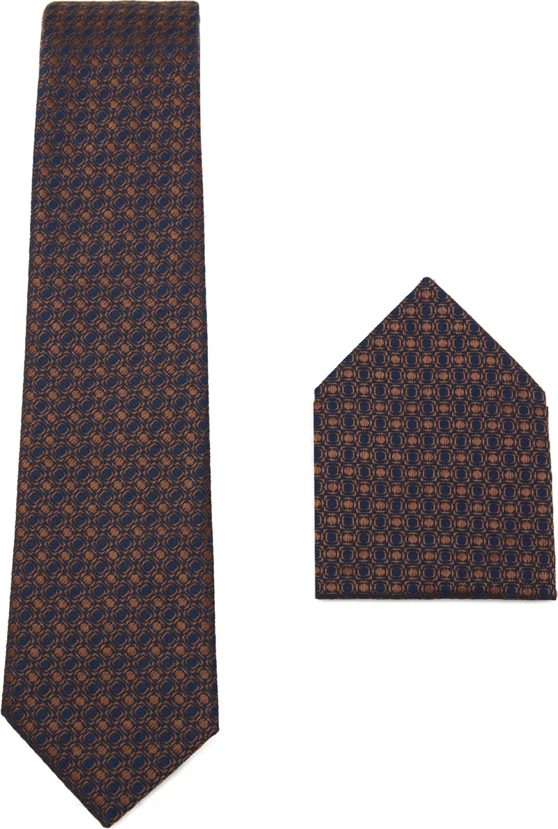 تودورس Classic Patterned Brown Tie with Pocket Handkerchief