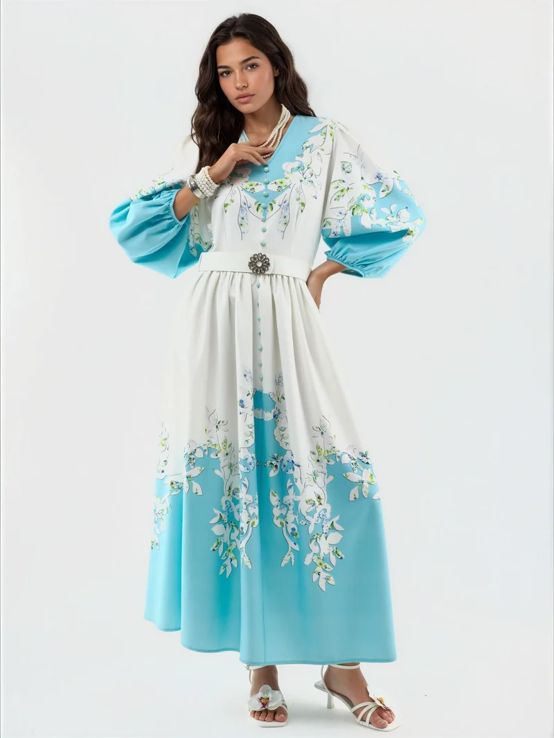 Jennyfer Floral Maxi Dress with V-Neck and Button Detail