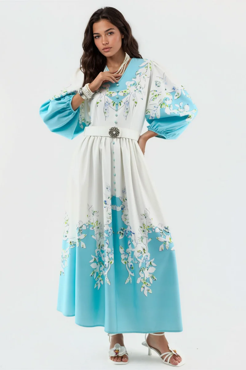 جينيفر Floral Maxi Dress with V-Neck and Button Detail