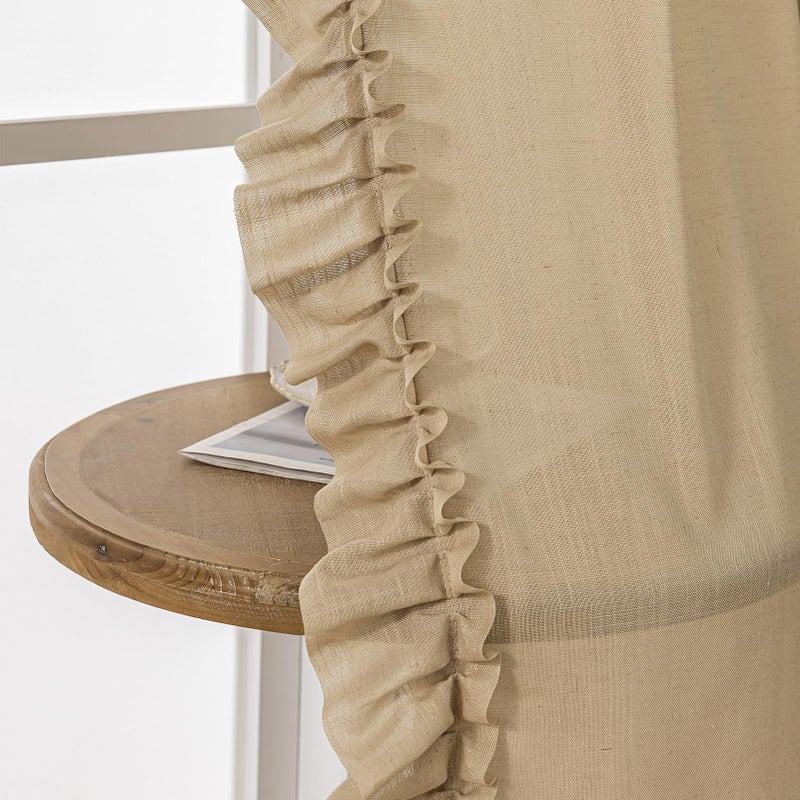 TERLYTEX Ruffle Curtains for Bedroom, W58 x L63 Inch, Pair, Farmhouse Linen Textured Scalloped Edge Curtain Panel Set Rod Pocket Privacy Cottage Drapes Light Filtering Semi-Sheer Flowy Ruffled Curtains, Taupe - Image 4