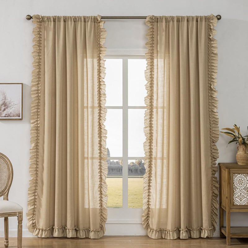 TERLYTEX Ruffle Curtains for Bedroom, W58 x L63 Inch, Pair, Farmhouse Linen Textured Scalloped Edge Curtain Panel Set Rod Pocket Privacy Cottage Drapes Light Filtering Semi-Sheer Flowy Ruffled Curtains, Taupe - Image 2