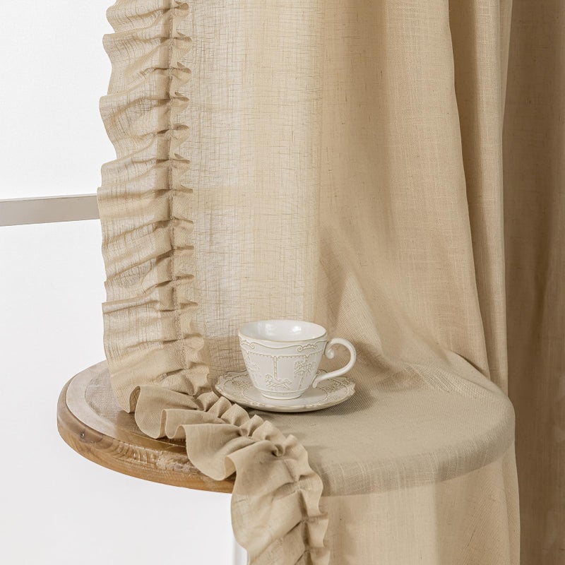 TERLYTEX Ruffle Curtains for Bedroom, W58 x L63 Inch, Pair, Farmhouse Linen Textured Scalloped Edge Curtain Panel Set Rod Pocket Privacy Cottage Drapes Light Filtering Semi-Sheer Flowy Ruffled Curtains, Taupe - Image 1