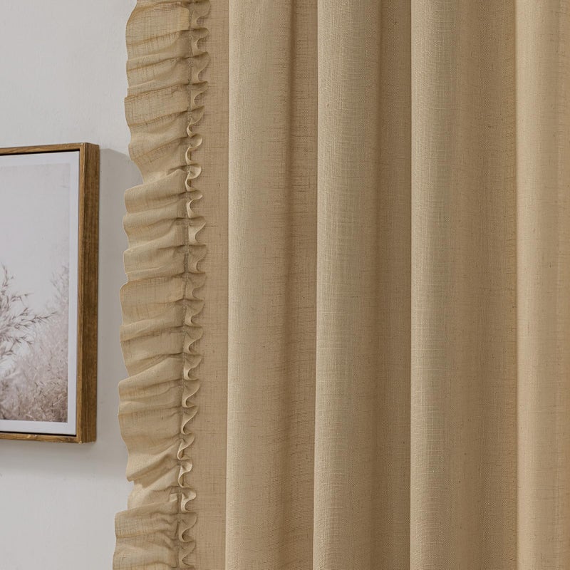 TERLYTEX Ruffle Curtains for Bedroom, W58 x L63 Inch, Pair, Farmhouse Linen Textured Scalloped Edge Curtain Panel Set Rod Pocket Privacy Cottage Drapes Light Filtering Semi-Sheer Flowy Ruffled Curtains, Taupe - Image 3