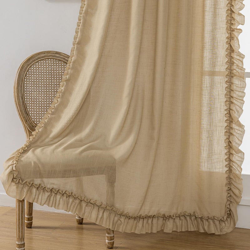 TERLYTEX Ruffle Curtains for Bedroom, W58 x L63 Inch, Pair, Farmhouse Linen Textured Scalloped Edge Curtain Panel Set Rod Pocket Privacy Cottage Drapes Light Filtering Semi-Sheer Flowy Ruffled Curtains, Taupe - Image 5