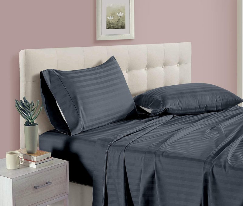 HOME ELITE 300 TC 100% Cotton Satin Stripes King Bed Sheet & 2 Pillow Covers Set for Hotels, B&B (Graphite Grey, Double Bed, Flat Stripe Bedsheet) (100x90 Inches) - Image 1