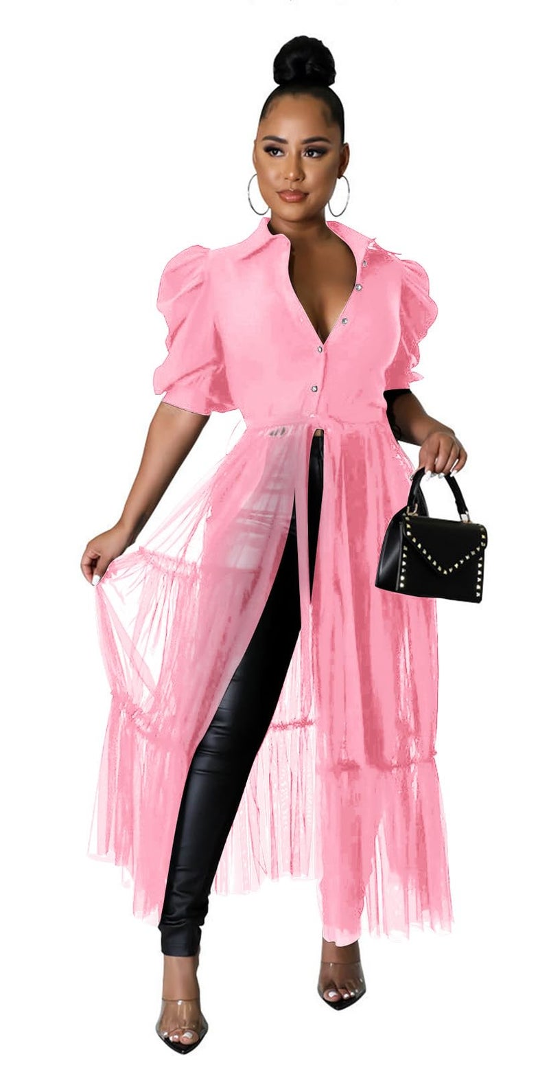 Ekaliy Women's Short Sleeve Round Neck High Low Asymmetrical Irregular Hem Casual Tops Blouse Shirt Dress L Pink - Image 2