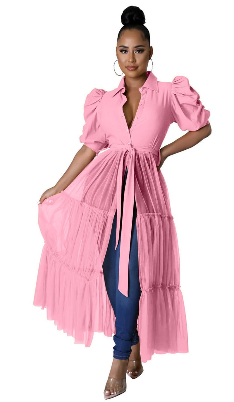 Ekaliy Women's Short Sleeve Round Neck High Low Asymmetrical Irregular Hem Casual Tops Blouse Shirt Dress L Pink - Image 1