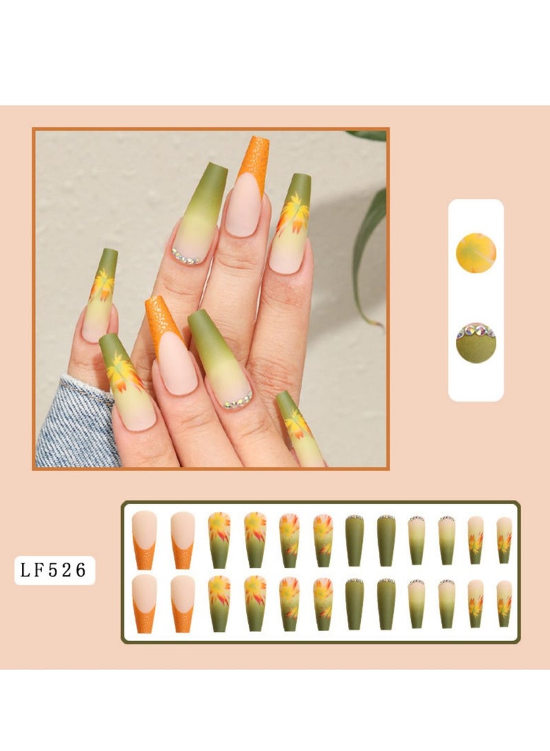 SOLARAE Fall Press on Nails Long Coffin Fake Nails Full Cover Stick on Nails Autumn Thanksgiving Maple Leaves False Nails with Designs Yellow with Rhinestones Press on Nails Acrylic Nails for Women Girls - Image 2