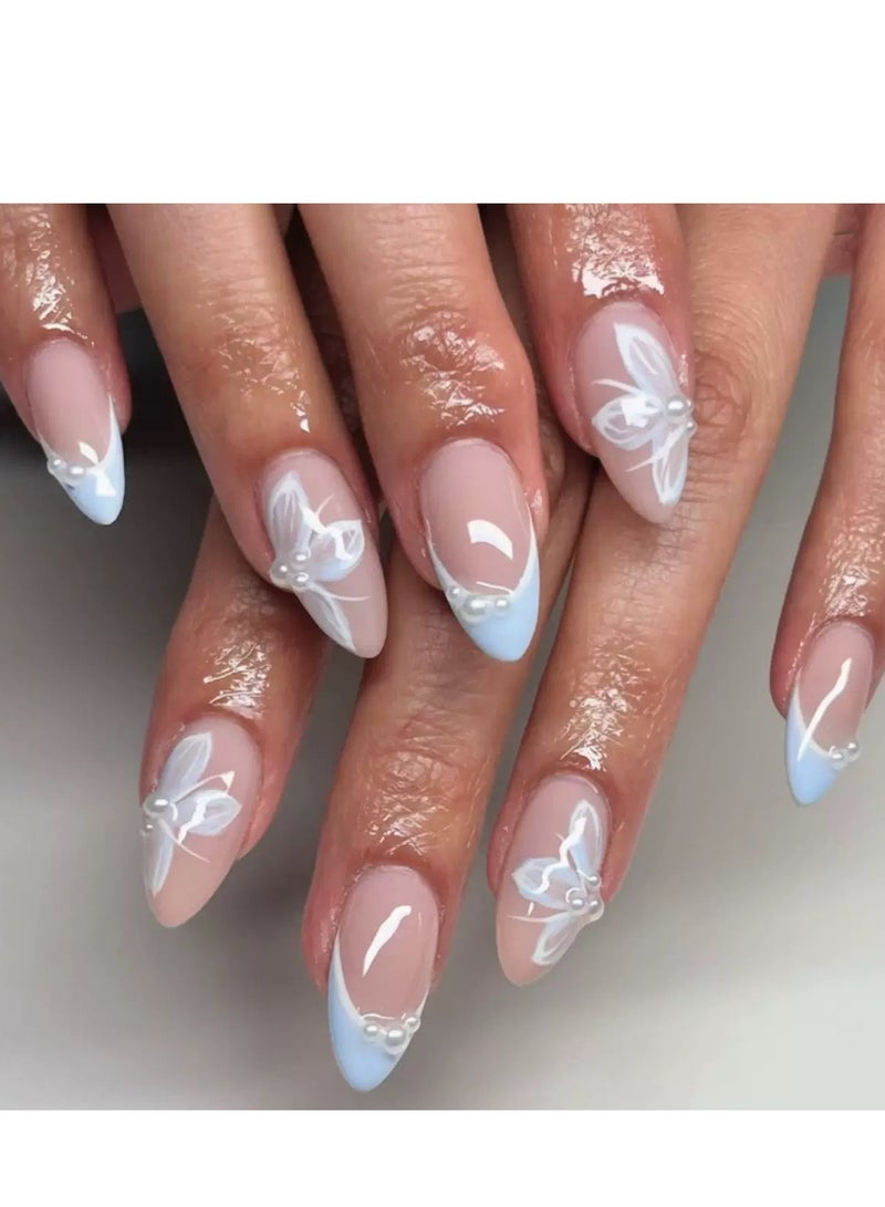 JOSQUEWNN Press On Nails,24pcs,French Almond-Shaped Nails with Blue Wearable Nail Tips and Butterfly Pearl Decorations,Acrylic Nails With Glue Kit. - Image 1