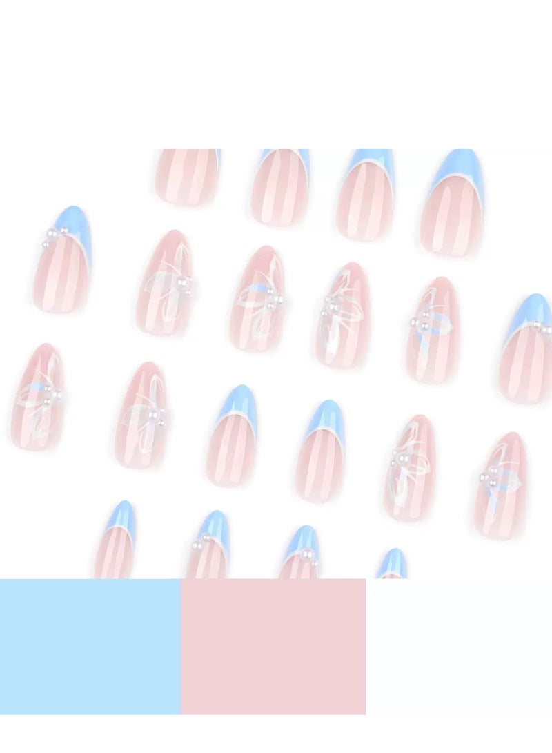 JOSQUEWNN Press On Nails,24pcs,French Almond-Shaped Nails with Blue Wearable Nail Tips and Butterfly Pearl Decorations,Acrylic Nails With Glue Kit. - Image 2