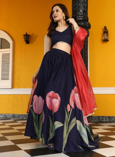QISSA Women's Violet Purple Foliage-Roses Imprint Co-Ord Set For Ethnic Wear | V-Neck , Sleeveless , Straight Hem | Floral Print Plain Fabric | 3 Piece Co-Ords Designed For Evening & Party Wear