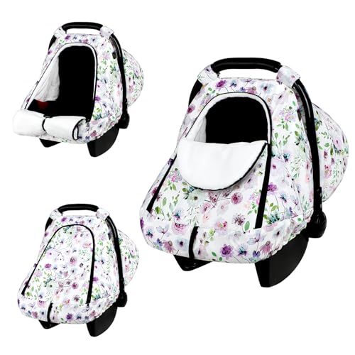 GFU Winter Car Seat Cover Baby GFU Warm Carseat Cover for Babies Universal Infant Car Seat Canopy Waterproof Cold Weather Shield Coats Purple Flowers - Image 1