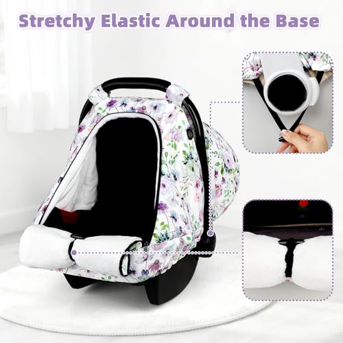 GFU Winter Car Seat Cover Baby GFU Warm Carseat Cover for Babies Universal Infant Car Seat Canopy Waterproof Cold Weather Shield Coats Purple Flowers - Image 3