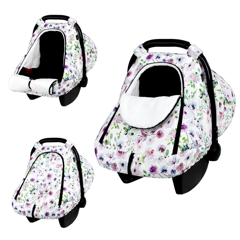 GFU Winter Car Seat Cover Baby GFU Warm Carseat Cover for Babies Universal Infant Car Seat Canopy Waterproof Cold Weather Shield Coats Purple Flowers - Image 2