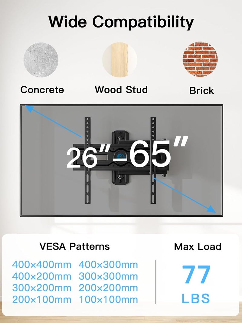 Pipishell Full Motion TV Wall Mount for Most 26-65 inch Flat & Curved TVs up to 77 lbs, Adjustable Bracket Height, Corner TV Mount with Single Articulating Arm, Max VESA 400x400mm, PIMF9 - Image 2
