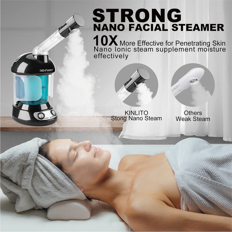 DENFANY Facial Steamer - Ozone Steamer with Extendable 360 Rotating Arm - Humidifier - Unclogs Pores - Blackheads - Portable Facial Steamer for Personal Care Use at Home or Salon (Black) - Image 2