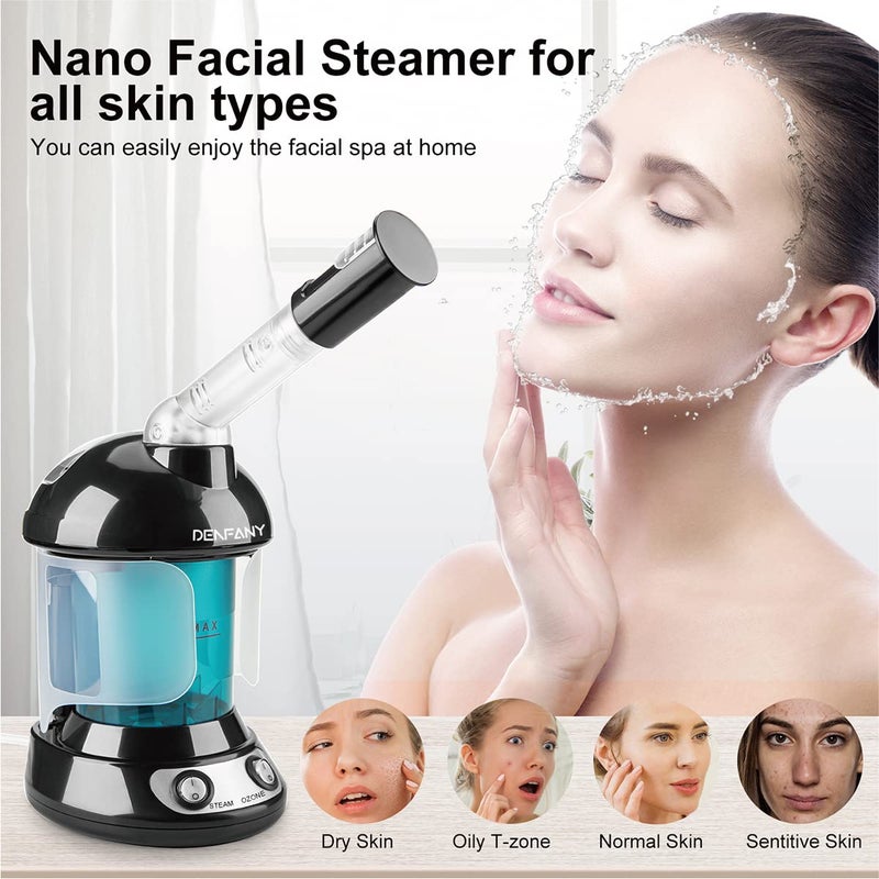 DENFANY Facial Steamer - Ozone Steamer with Extendable 360 Rotating Arm - Humidifier - Unclogs Pores - Blackheads - Portable Facial Steamer for Personal Care Use at Home or Salon (Black) - Image 3