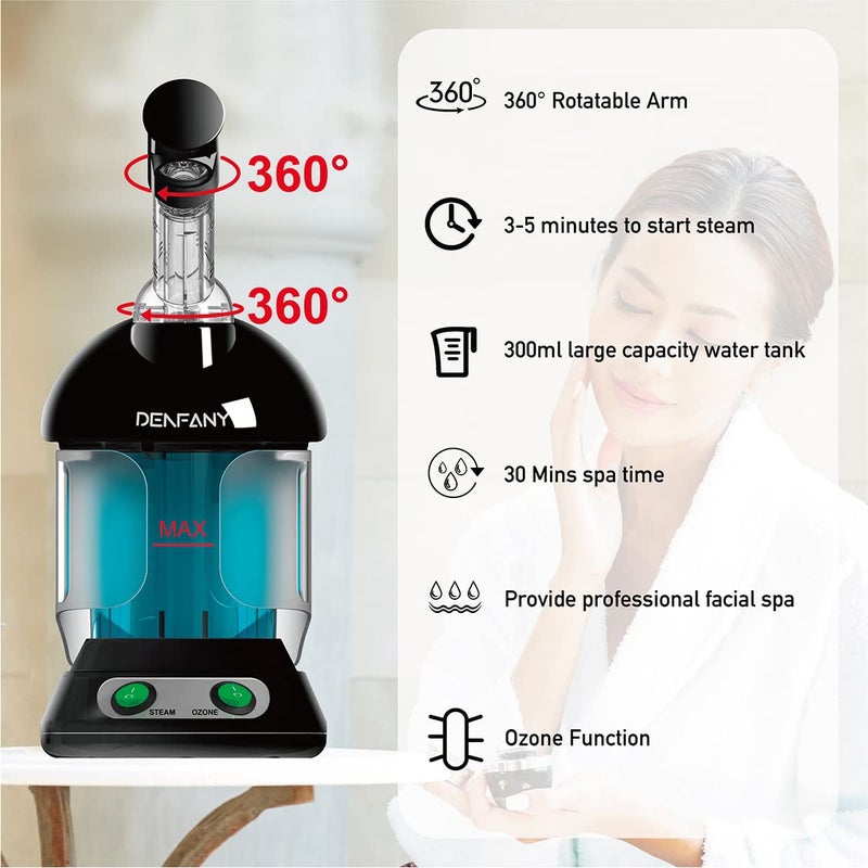 DENFANY Facial Steamer - Ozone Steamer with Extendable 360 Rotating Arm - Humidifier - Unclogs Pores - Blackheads - Portable Facial Steamer for Personal Care Use at Home or Salon (Black) - Image 5