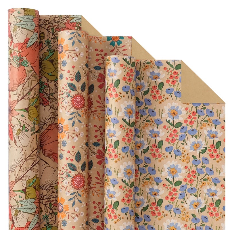 Aimyoo Kraft Floral Wrapping Paper Roll 3 Rolls 30 Inch x 10 Feet Per Roll All Occasion Vintage Flower Gift Wrap Paper for Mothers Day Wedding Birthday Bridal Shower - Image 2