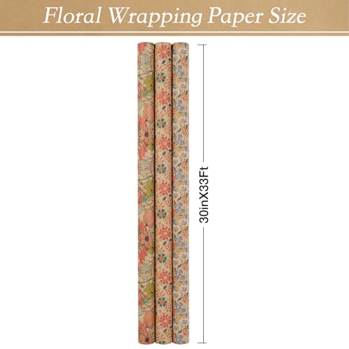 Aimyoo Kraft Floral Wrapping Paper Roll 3 Rolls 30 Inch x 10 Feet Per Roll All Occasion Vintage Flower Gift Wrap Paper for Mothers Day Wedding Birthday Bridal Shower - Image 3
