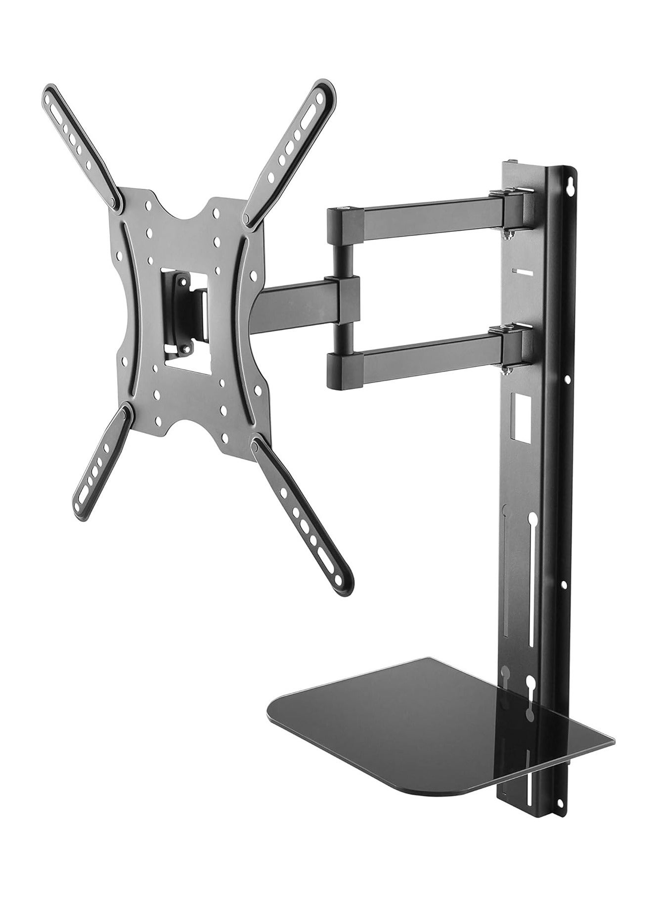 Newstar Full Motion TV Wall Mount with Shelf, Fits 32-55 Inch LED, LCD, OLED Flat Screen TVs, Heavy Duty Swivel, Tilt, Extendable Arm, VESA Compatible 400x400, Holds up to 30kg – Smart AV Wall Bracket