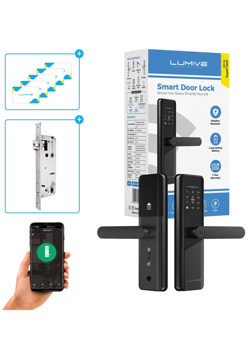 لوميف - قفل باب ذكي Lumive Guardian G12، دعم اللغة العربية، إصدار المملكة العربية السعودية Mortise 4585، التحكم في تطبيق WiFi، مناسب للأماكن الخارجية، إدخال بصمات الأصابع، كلمات المرور، Deadbolt، مفاتيح، 5 بطاقات RFID - Image 1
