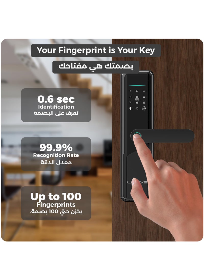 لوميف - قفل باب ذكي Lumive Guardian G12، دعم اللغة العربية، إصدار المملكة العربية السعودية Mortise 4585، التحكم في تطبيق WiFi، مناسب للأماكن الخارجية، إدخال بصمات الأصابع، كلمات المرور، Deadbolt، مفاتيح، 5 بطاقات RFID - Image 1